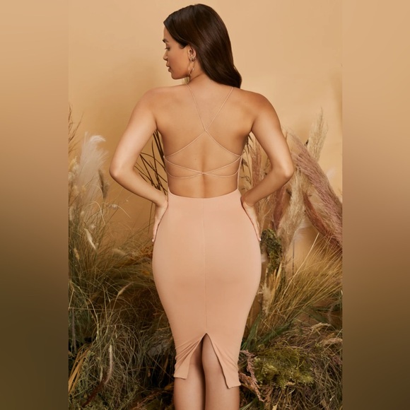 Oh Polly Round Neck Cross Back Midi Dress in Tan. Size US 4 (UK 8) - Picture 2 of 2